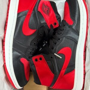 Nike Air Jordan 1 Mid Satin Bred Black Red Sneakers NIB